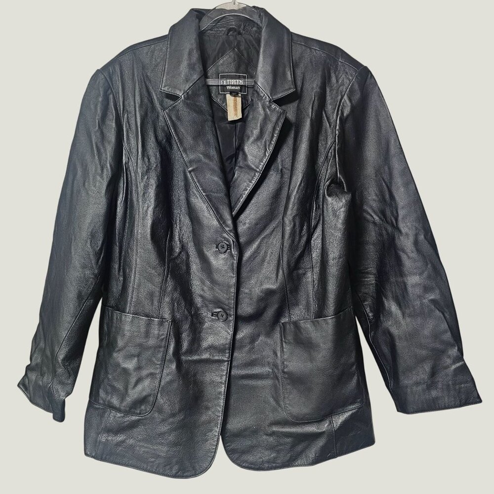 Outbrook Womens Black Genuine Leather Vintage Y2K Blazer Jacket 2X